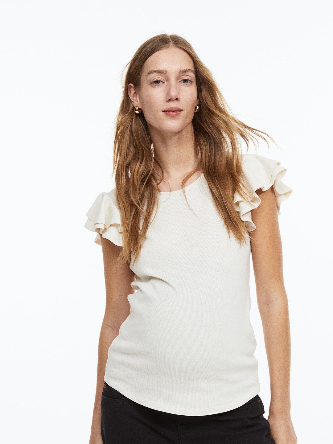 

H&M MAMA Flutter-Sleeved Jersey Top, White