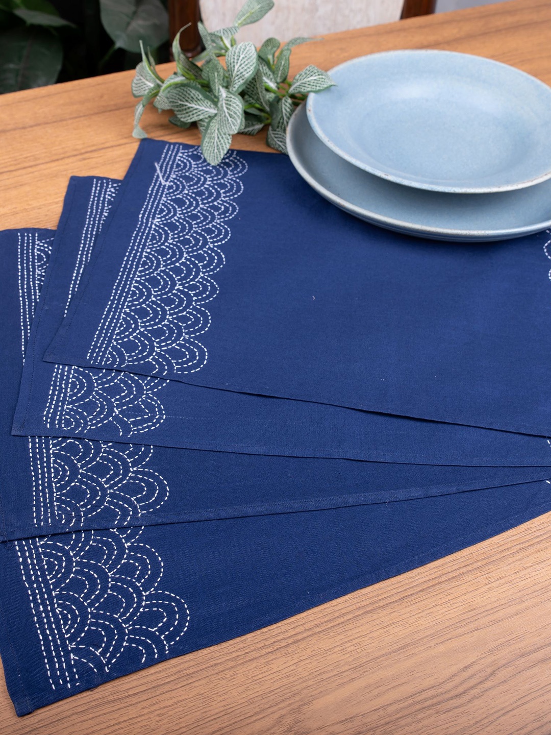 

ArtEastri Set of 4 Blue Kantha Embroidered Cotton Table Placemats, White