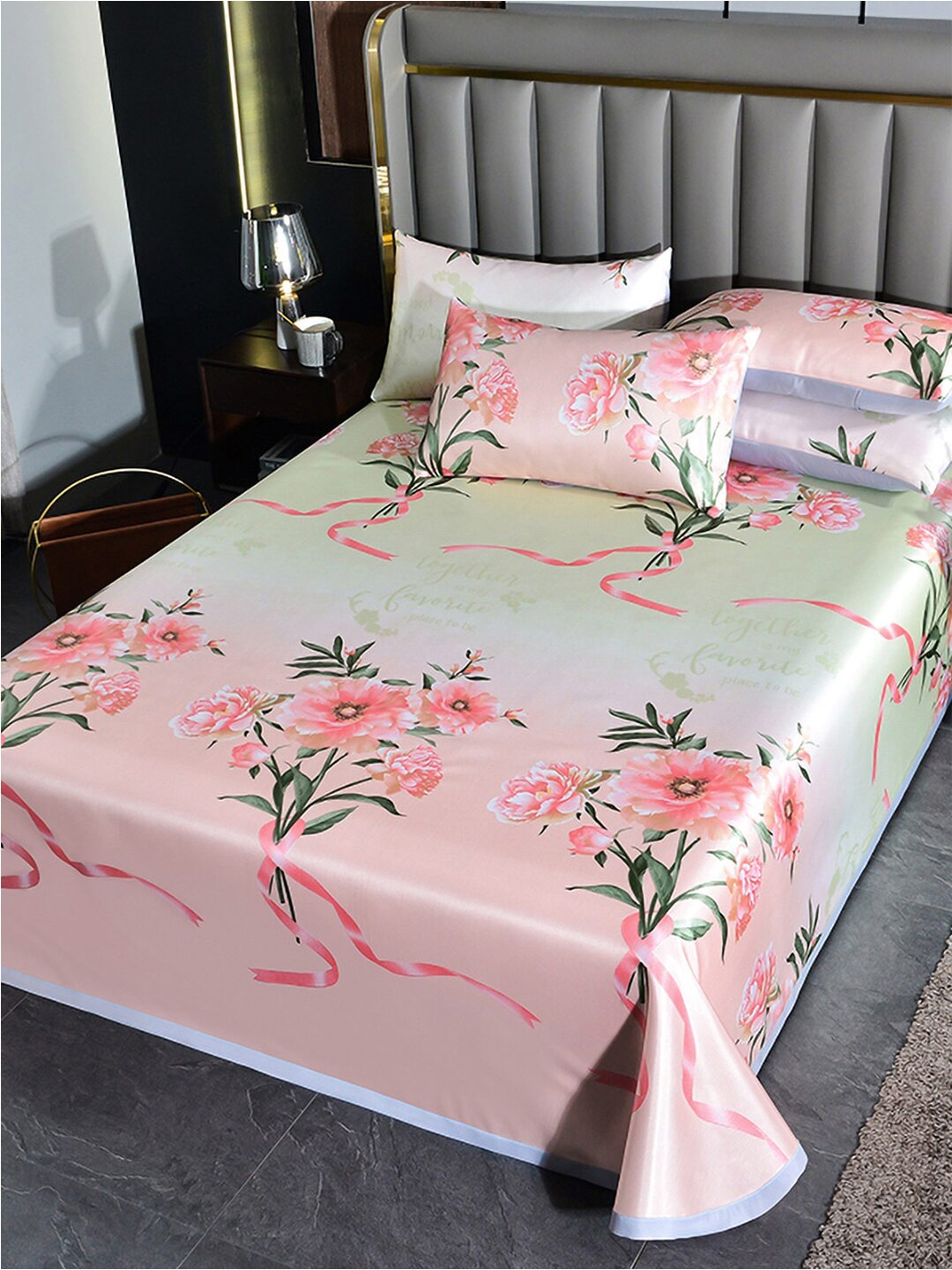 

JC Collection Peach-Coloured & Green Floral 150 TC King Bedsheet With 2 Pillow Covers