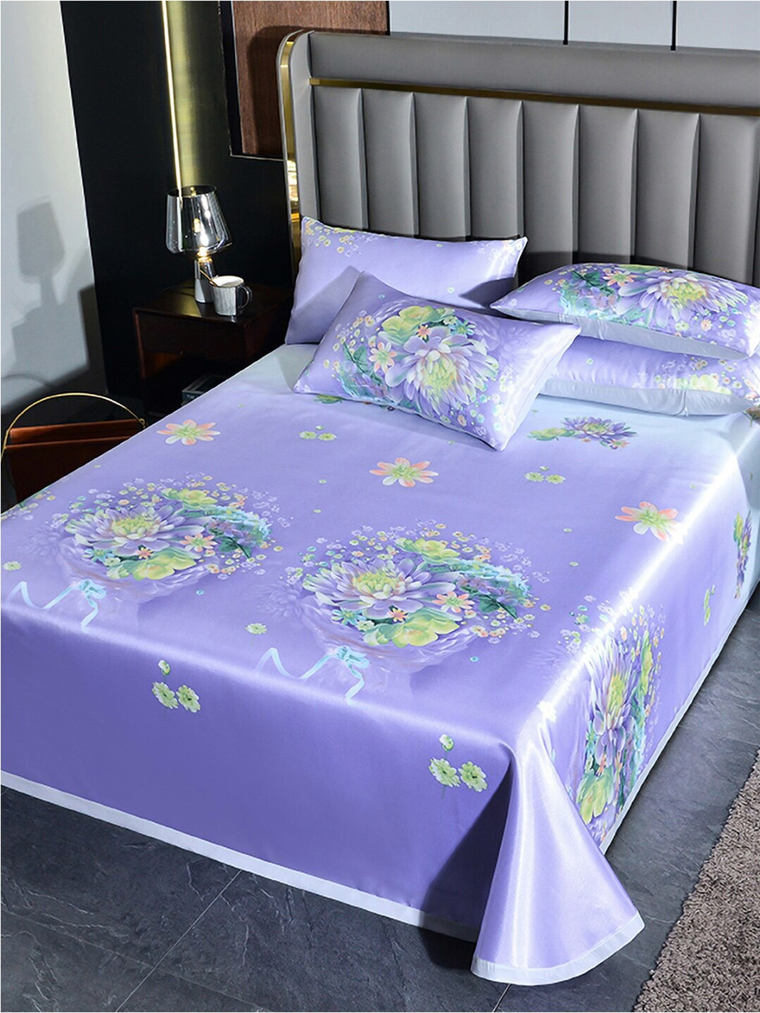 

JC Collection Purple & Green Floral 150 TC Queen Bedsheet with 2 Pillow Covers