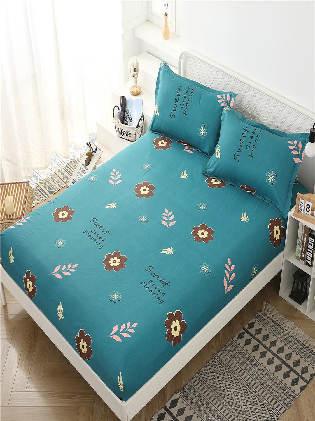 

JC Collection Teal Green & Brown Floral 140 TC Fitted Single Bedsheet with 1 Pillow Covers