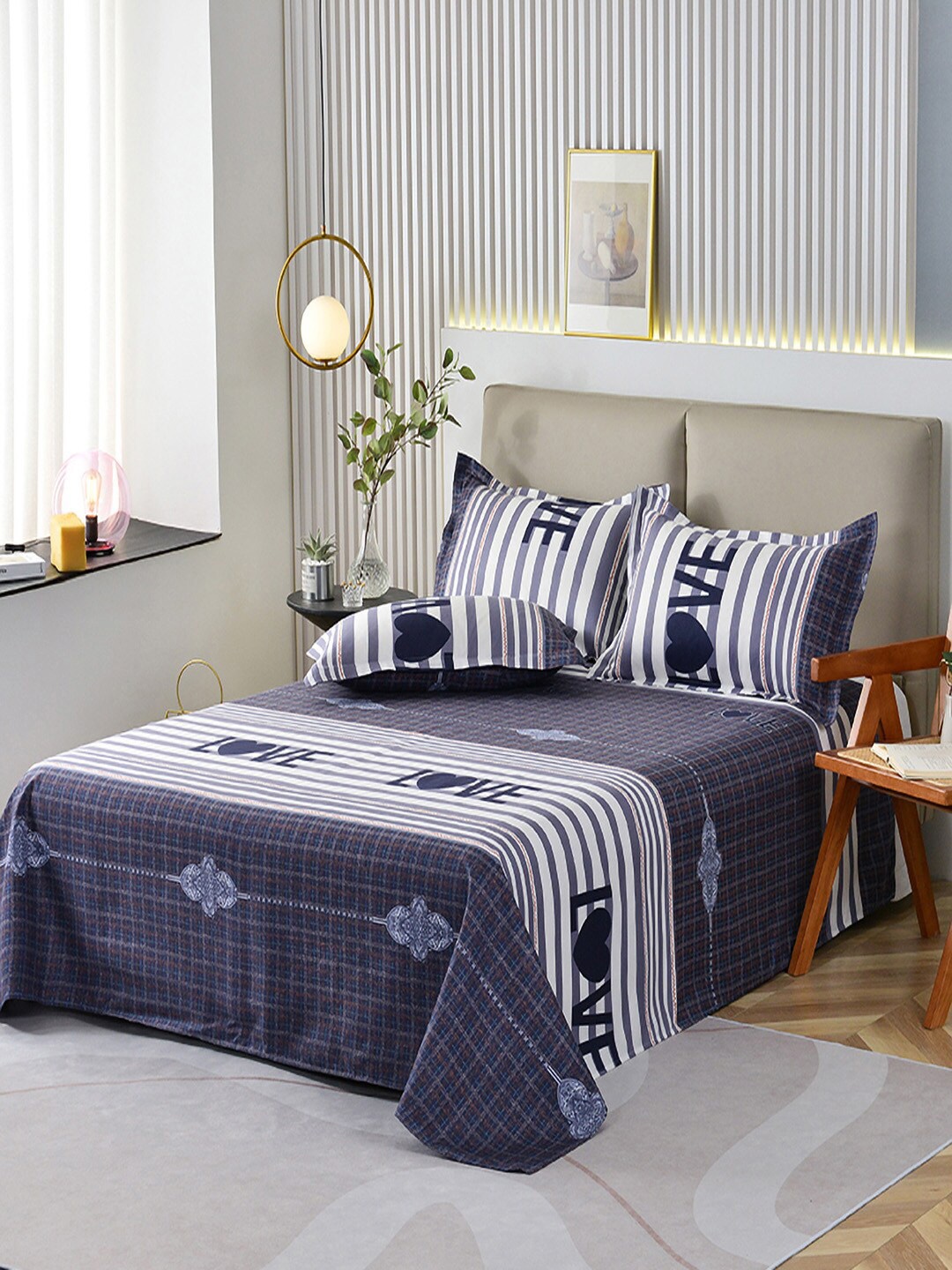 

JC Collection Blue & White Striped 140 TC Single Bedsheet with 1 Pillow Covers
