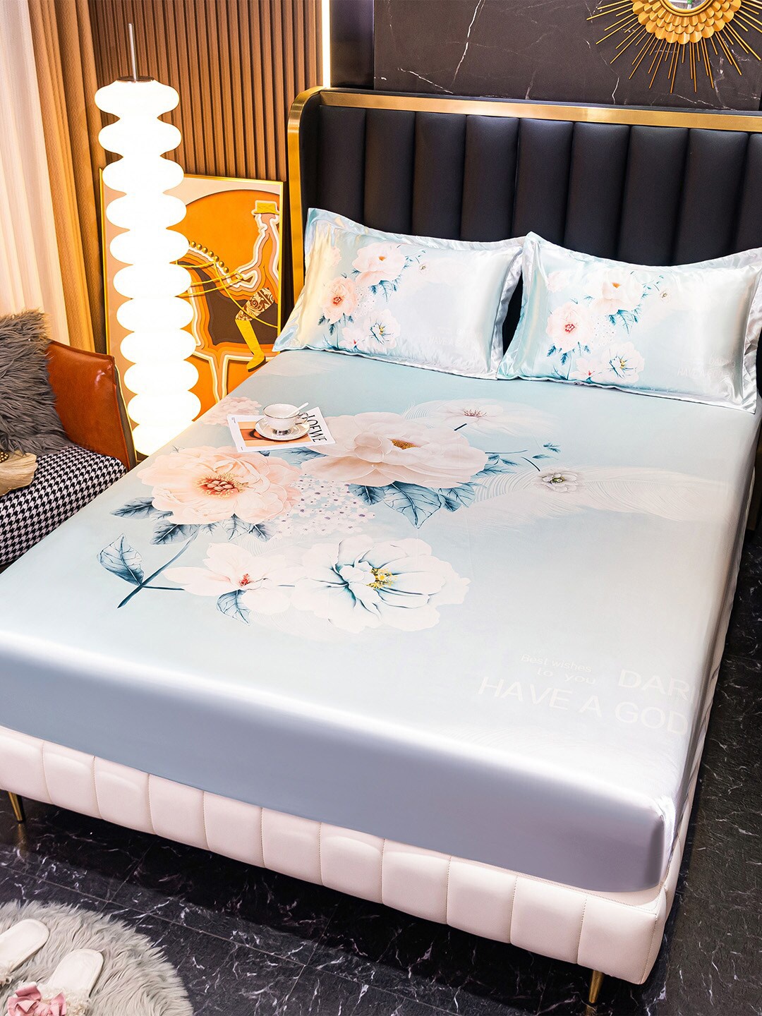 

JC HOME Blue Peach Floral 160 TC Fitted King Bedsheet with 2 Pillow Covers