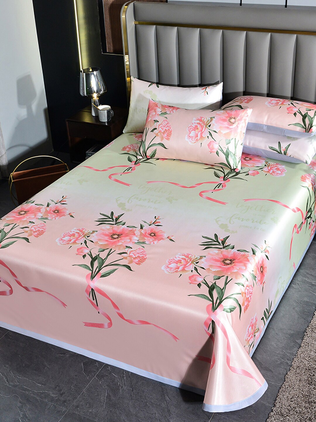 

JC Collection Green & Peach-Coloured Floral 150 TC King Bedsheet with 2 Pillow Covers