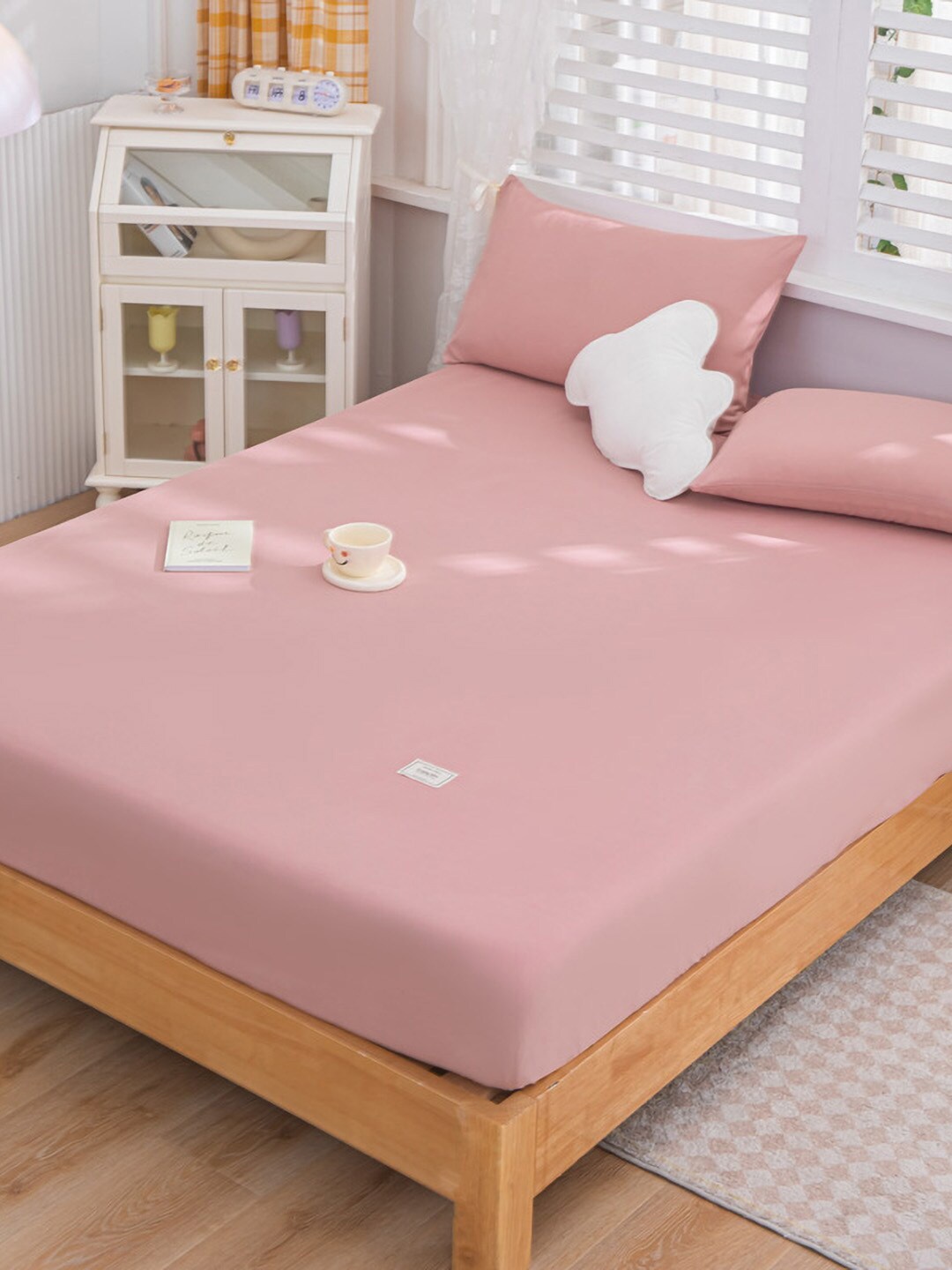 

JC Collection Pink 150 TC Fitted Queen Bedsheet with 2 Pillow Covers