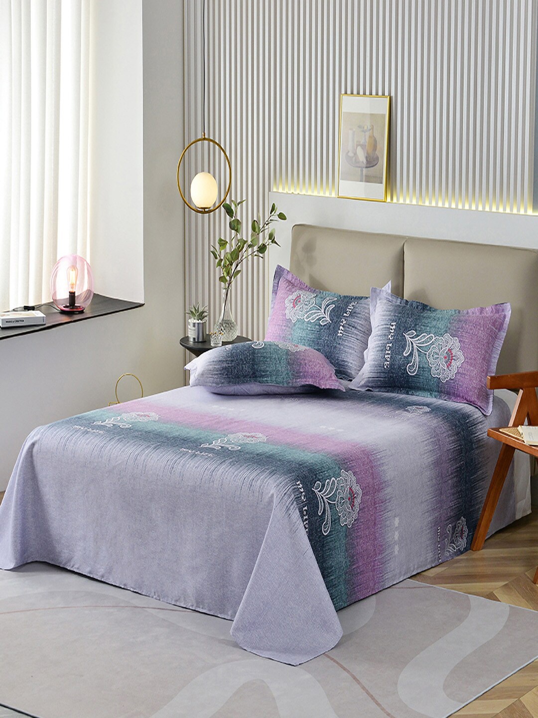 

JC Collection Purple & Green Floral 140 TC King Bedsheet with 2 Pillow Covers