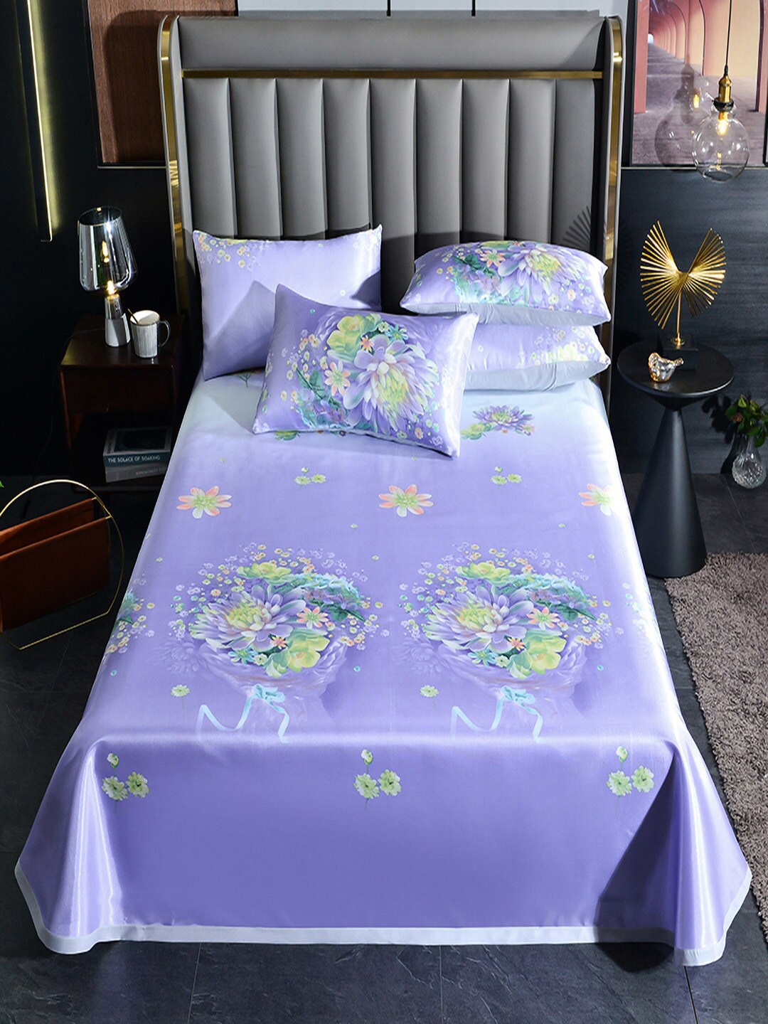 

JC Collection Purple & Green Floral 150 TC King Bedsheet with 2 Pillow Covers
