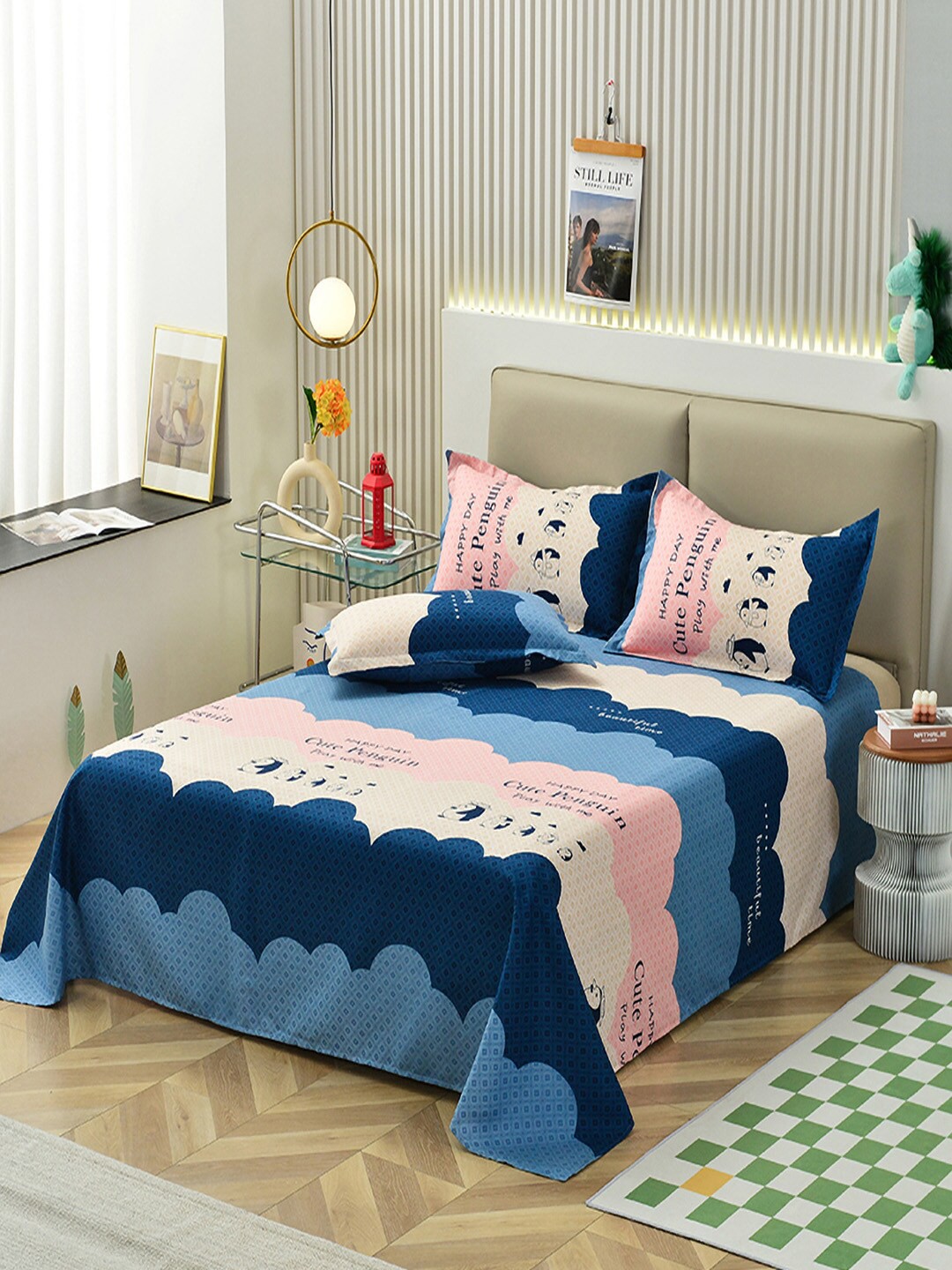 

JC Collection Pink & Blue Graphic 140 TC Queen Bedsheet With 2 Pillow Covers
