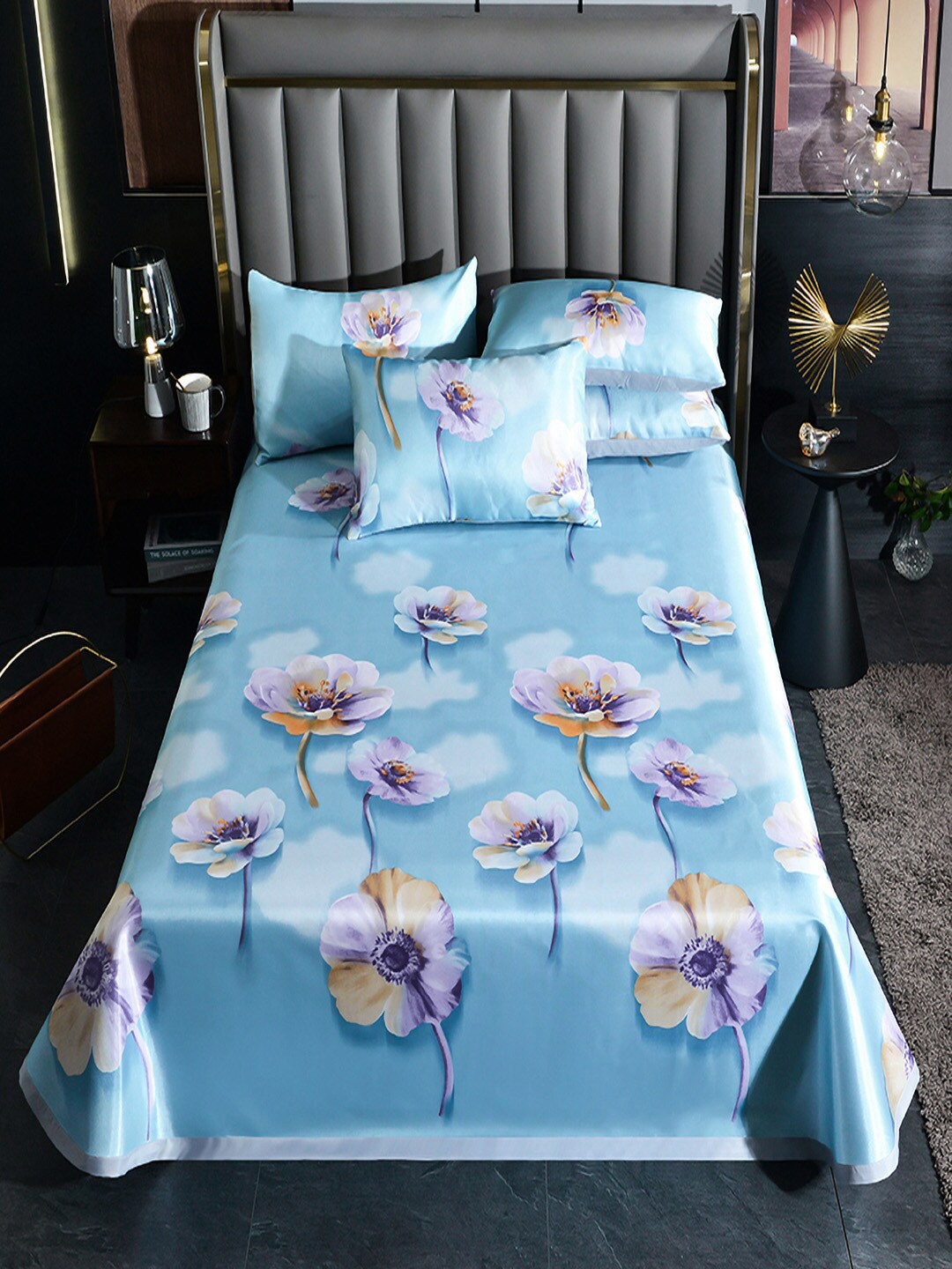 

JC Collection Blue & Purple Floral 150 TC Single Bedsheet With 1 Pillow Covers