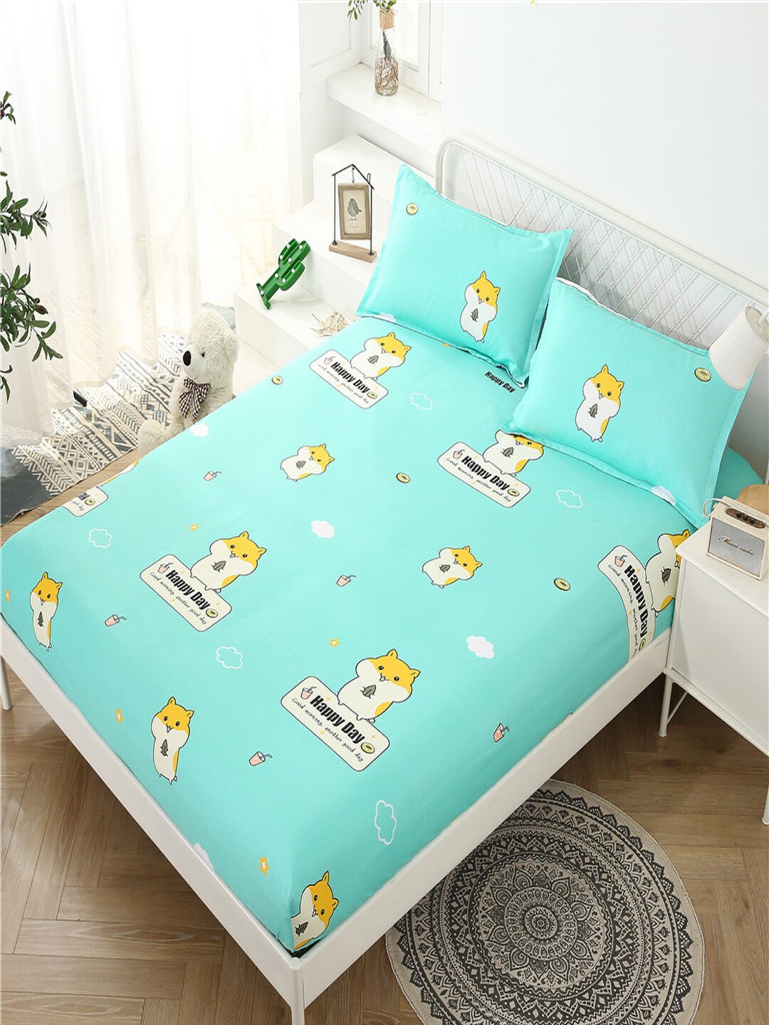 

JC Collection Blue & Yellow Cartoon Characters 140 TC King Bedsheet With 2 Pillow Covers