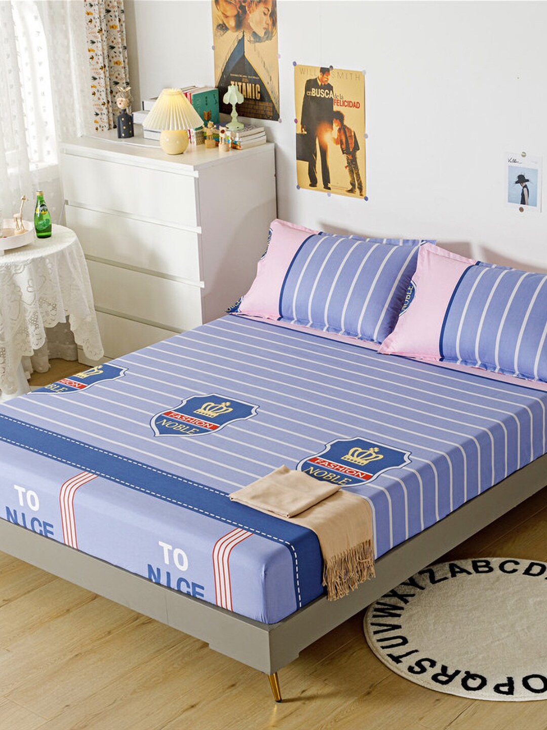 

JC Collection Blue & Red Striped 140 TC Single Bedsheet With 1 Pillow Covers