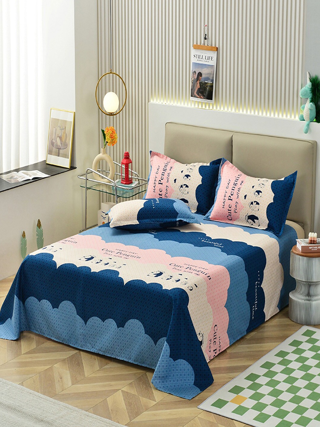 

JC HOME Pink & Navy Blue Typography 140 TC King Bedsheet With 2 Pillow Covers