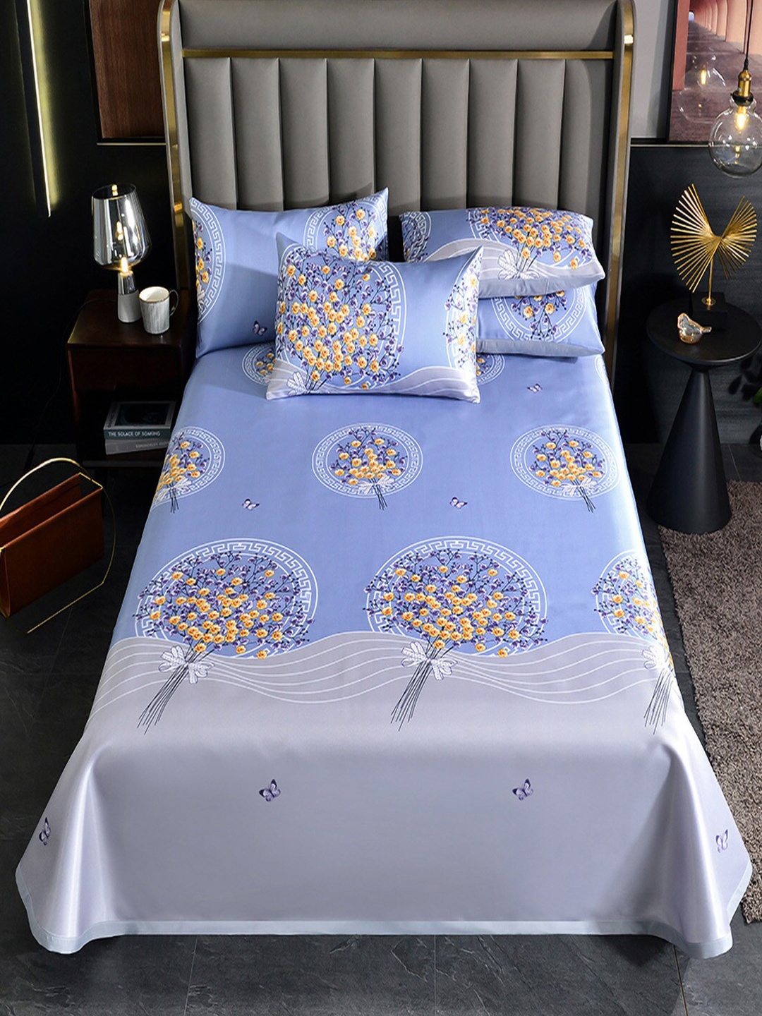 

JC Collection Purple & Grey Floral 150 TC King Bedsheet With 2 Pillow Covers