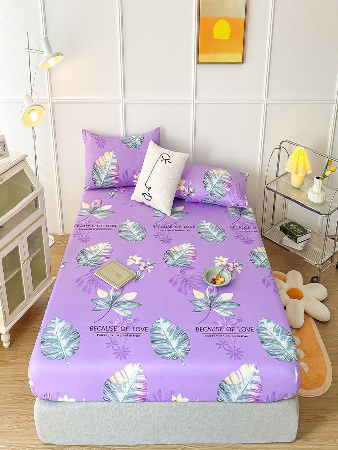 

JC Collection Purple & Green Floral 150 TC King Bedsheet With 2 Pillow Covers