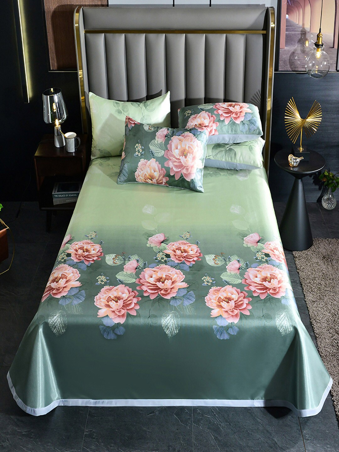 

JC Collection Green & Pink Floral 150 TC King Bedsheet With 2 Pillow Covers