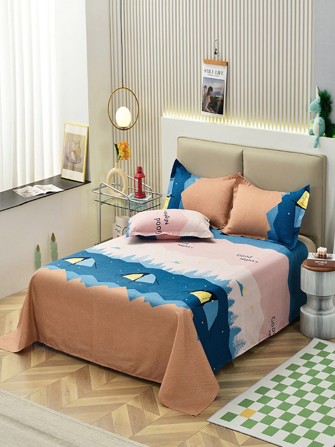 

JC Collection Pink & Brown Conversational 140 TC King Bedsheet With 2 Pillow Covers