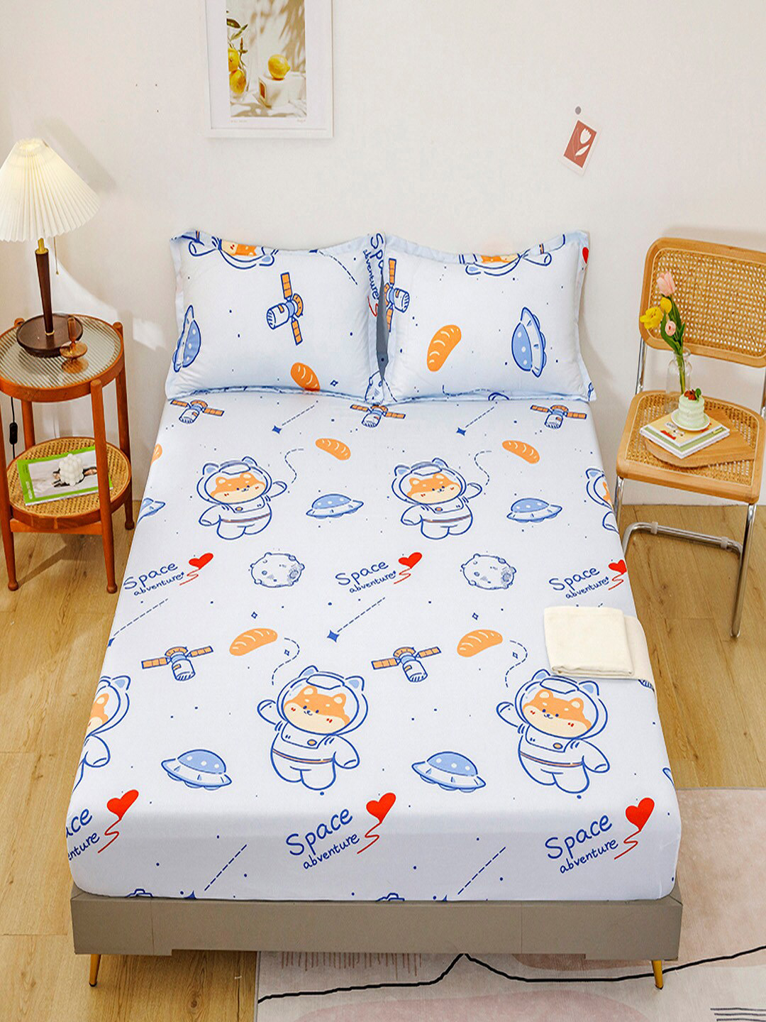 

JC Collection White & Blue Cartoon Characters 140 TC Single Bedsheet With 1 Pillow Covers