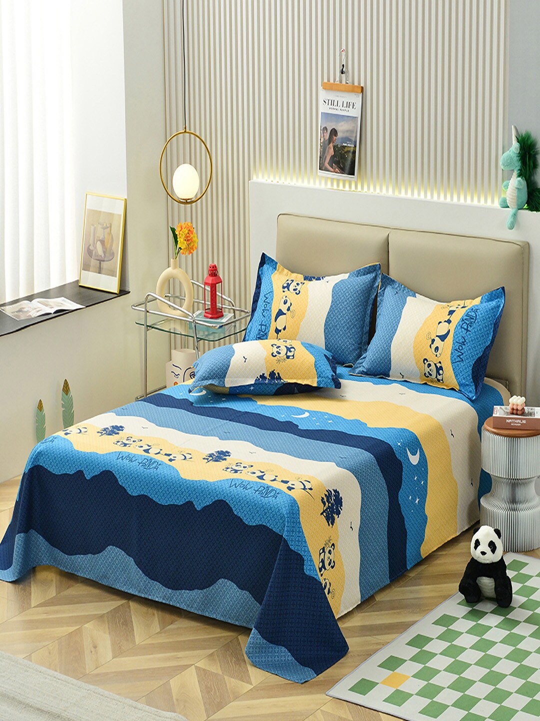 

JC Collection Blue & Yellow Cartoon Characters 140 TC Queen Bedsheet With 2 Pillow Covers