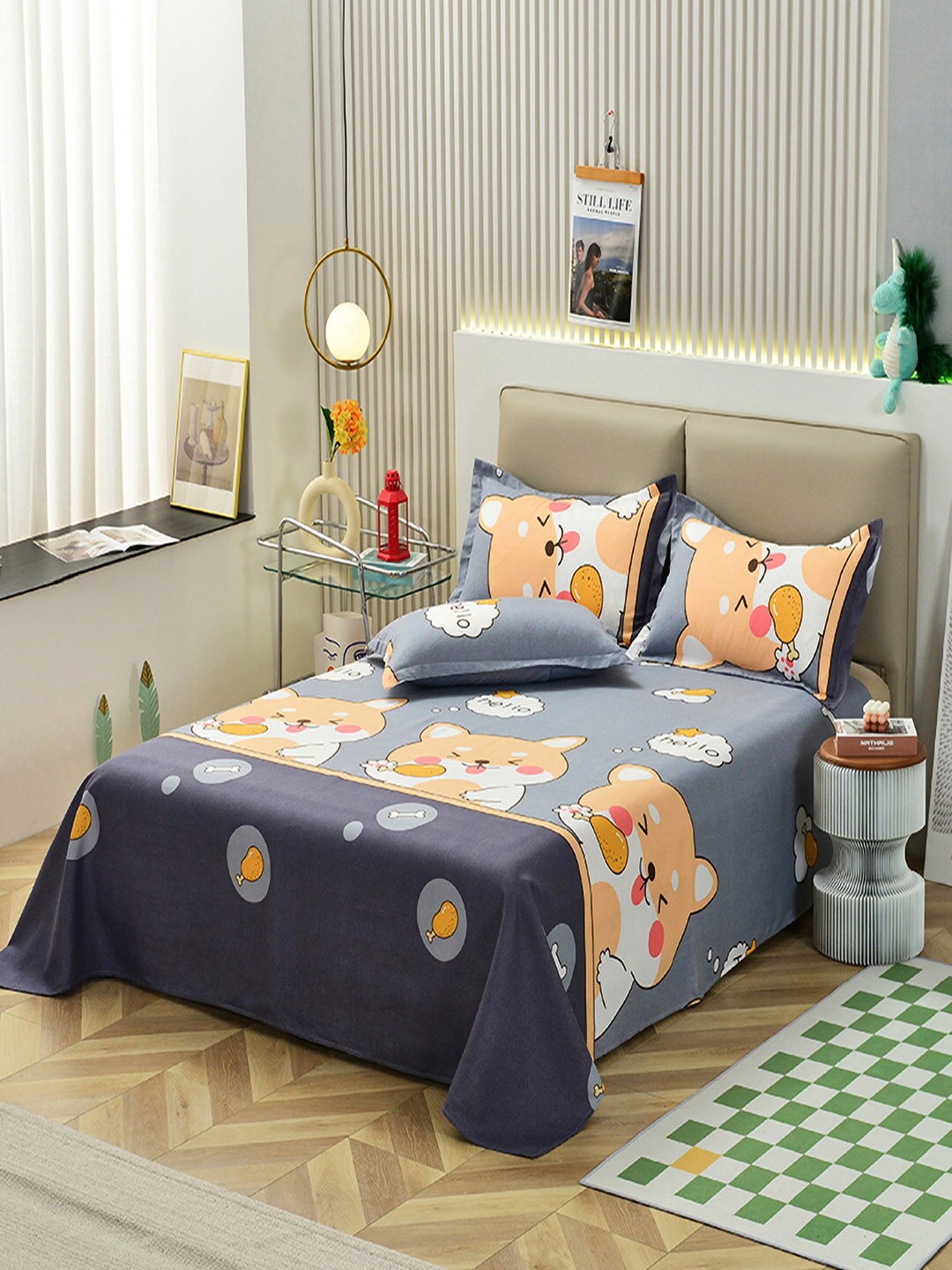 

JC Collection Grey & Orange Cartoon Characters 140 TC Queen Bedsheet With 2 Pillow Covers