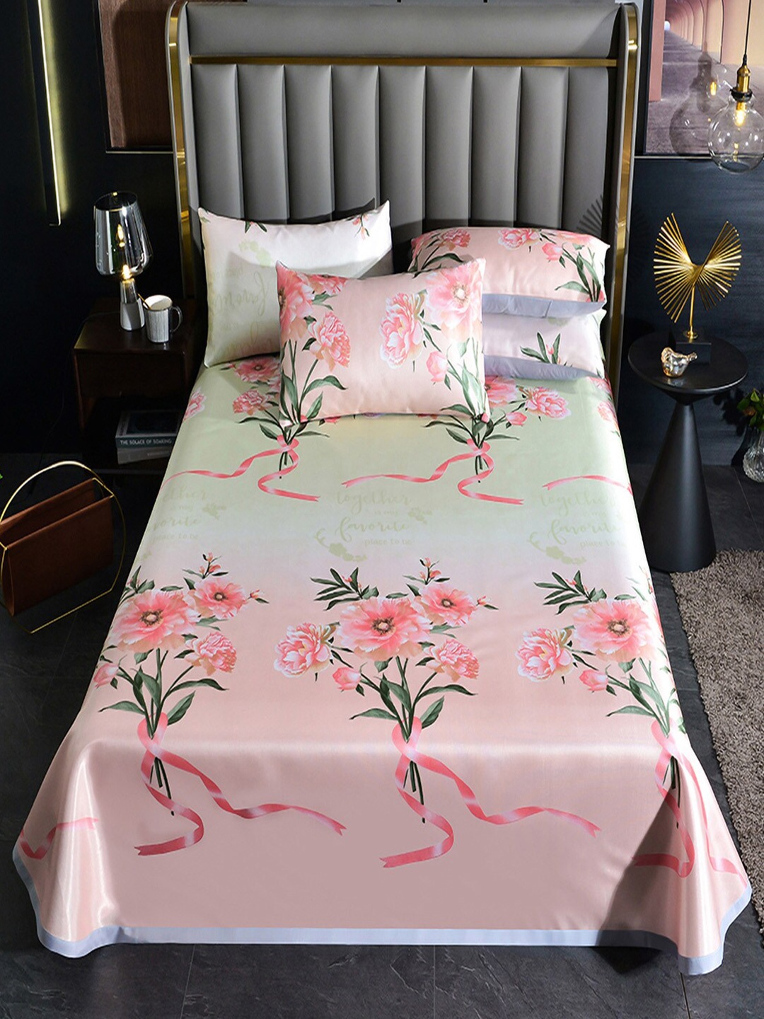 

JC Collection Pink & Green Floral 150 TC Queen Bedsheet With 2 Pillow Covers