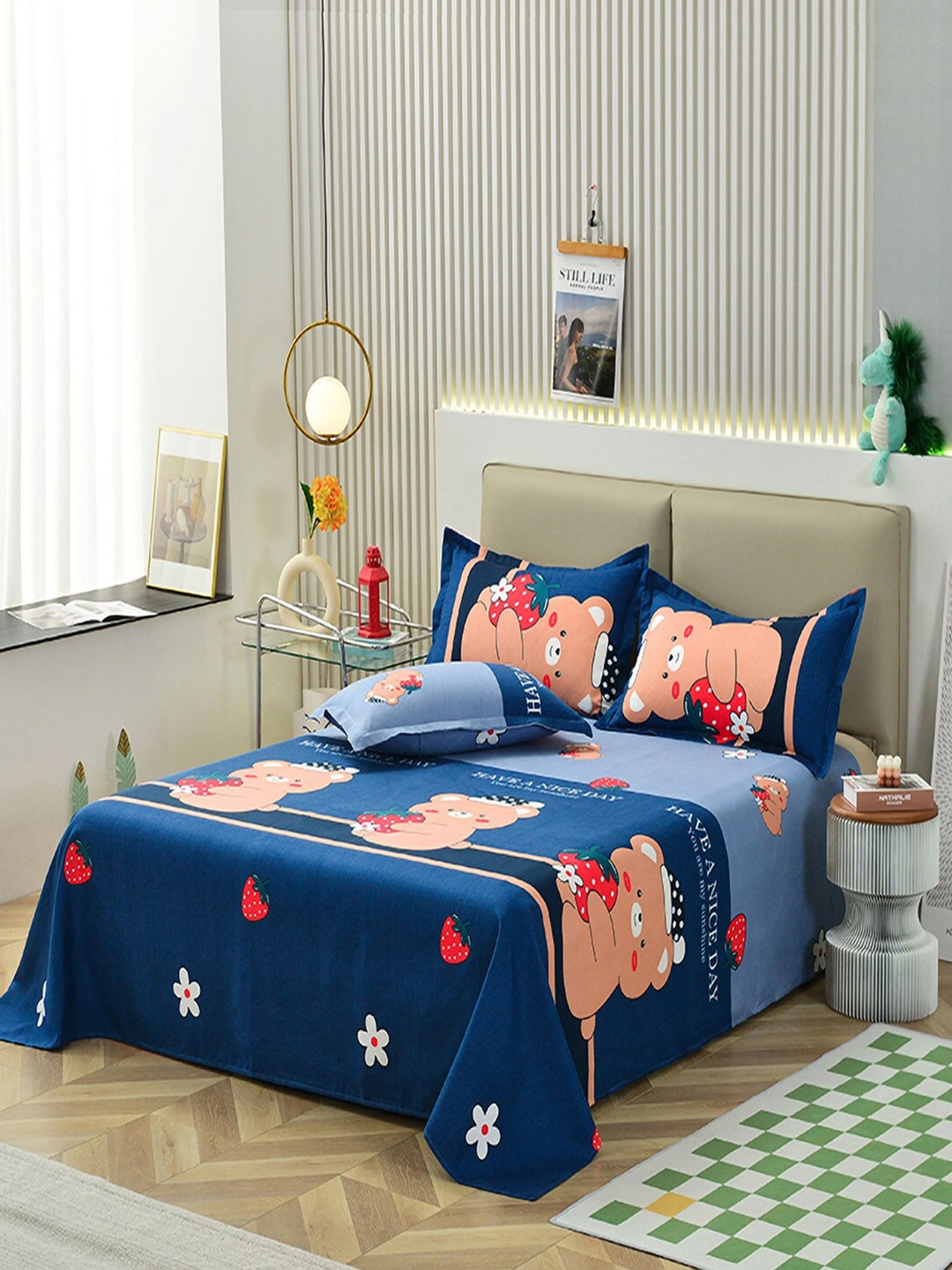 

JC HOME Blue & Peach-Coloured Printed 140 TC King Bedsheet & 2 Pillow Covers