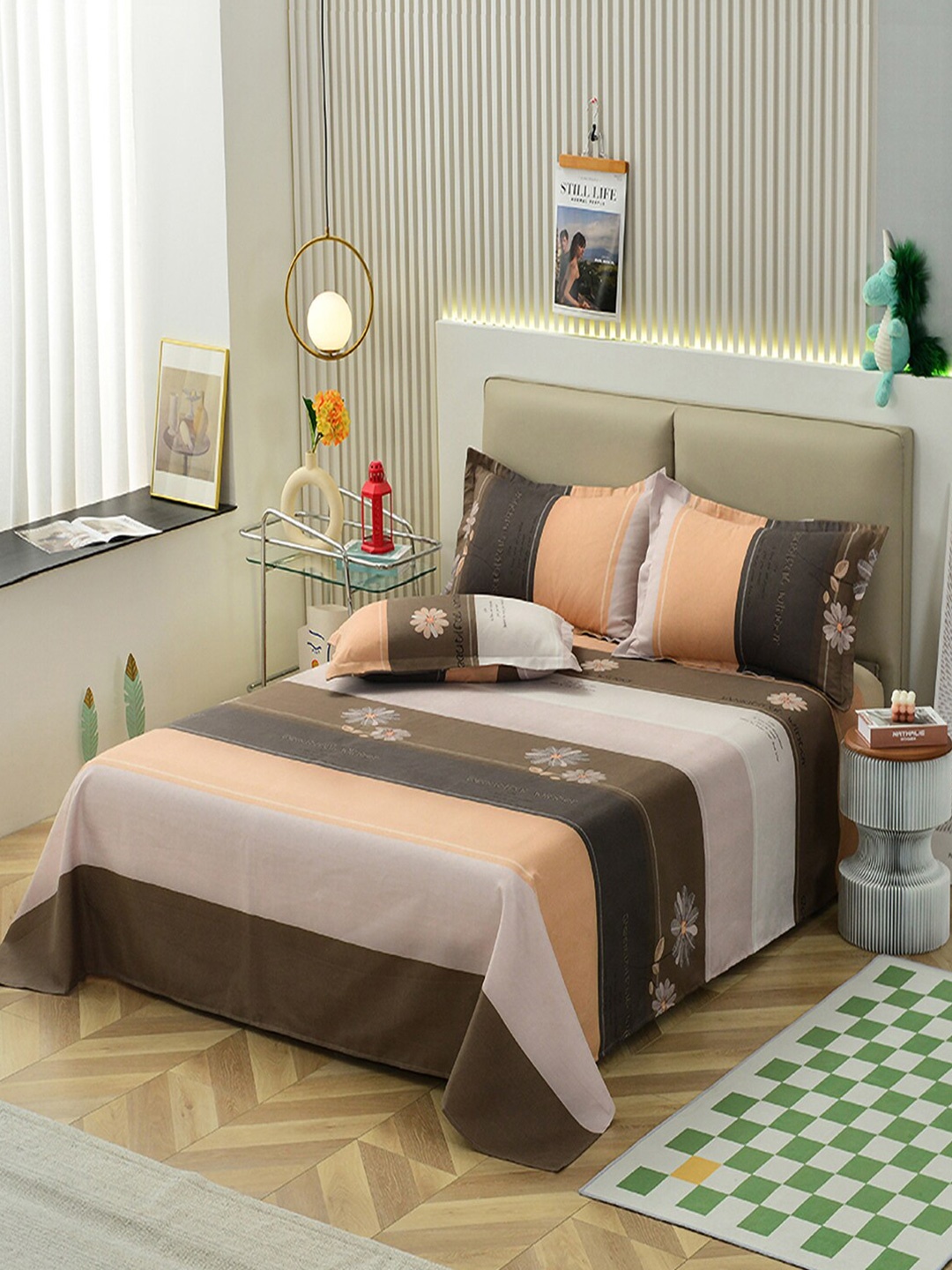 

JC Collection Coffee Brown & Beige Printed 140 TC Single Bedsheet & Pillow Cover
