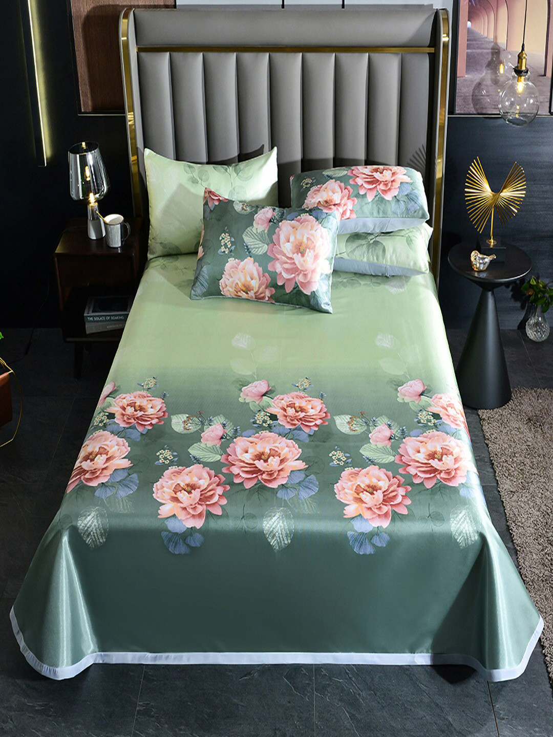 

JC Collection Green & Pink Floral Printed 150 TC Queen Bedsheet & 2 Pillow Covers