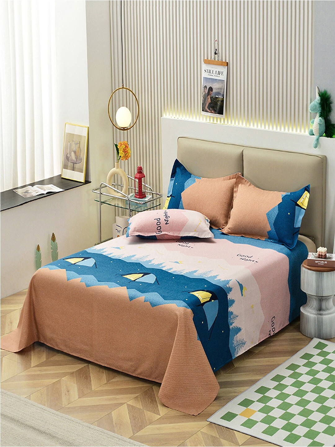 

JC Collection Pink & Blue Printed 140 TC King Bedsheet & 2 Pillow Covers