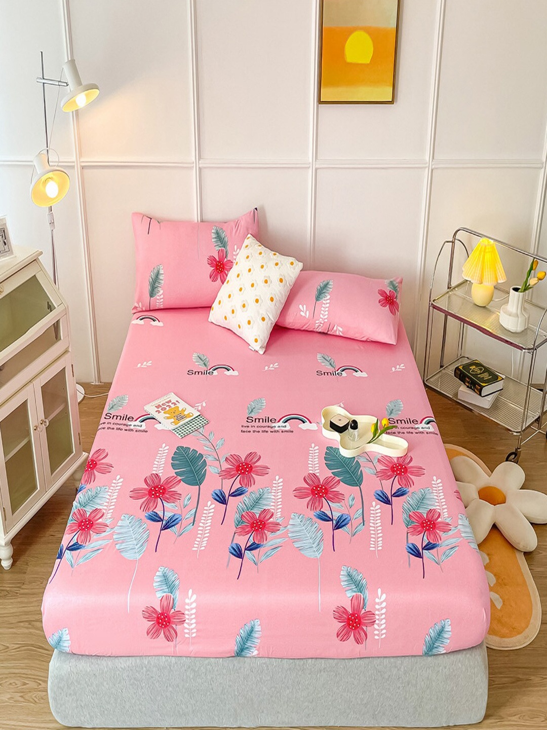 

JC Collection Pink & Green Floral Printed 150 TC Fitted Single Bedsheet & Pillow Cover