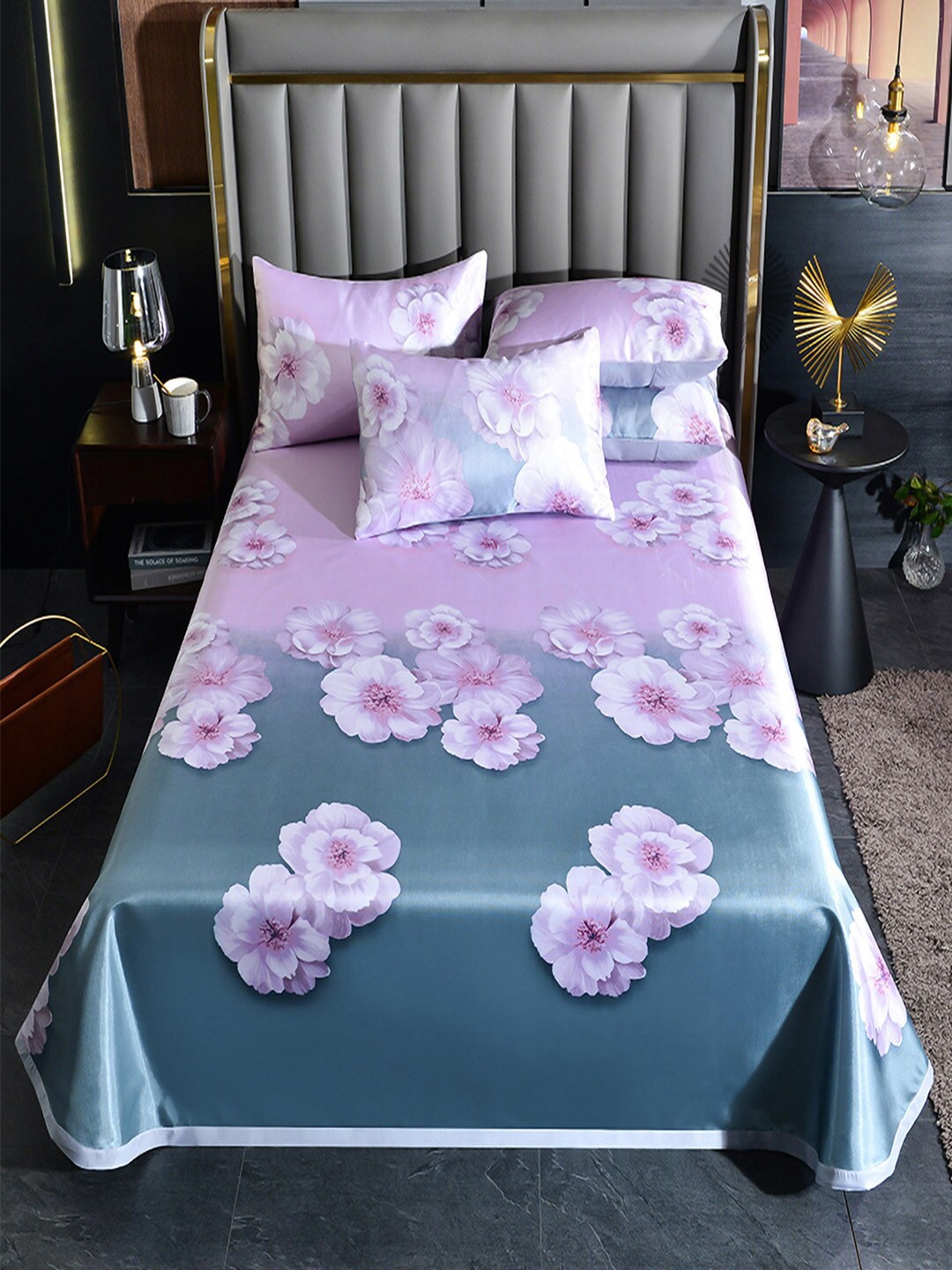 

JC HOME Purple & Grey Floral Printed 150 TC King Bedsheet & 2 Pillow Covers