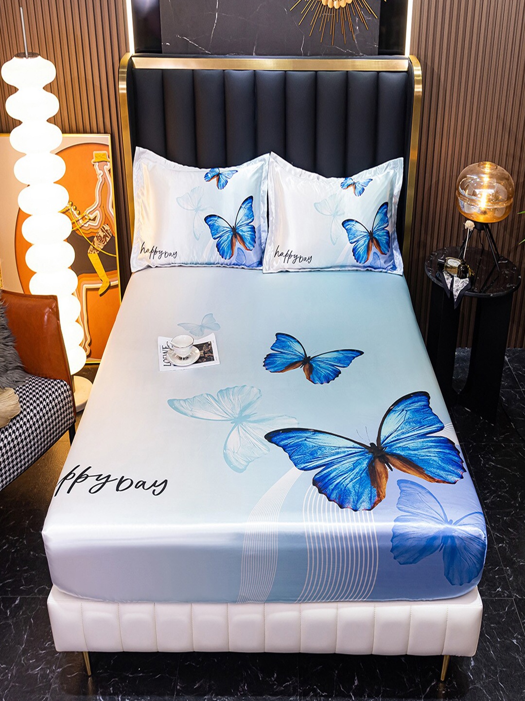 

JC Collection Blue & Orange Printed 160 TC Fitted King Bedsheet & 2 Pillow Covers