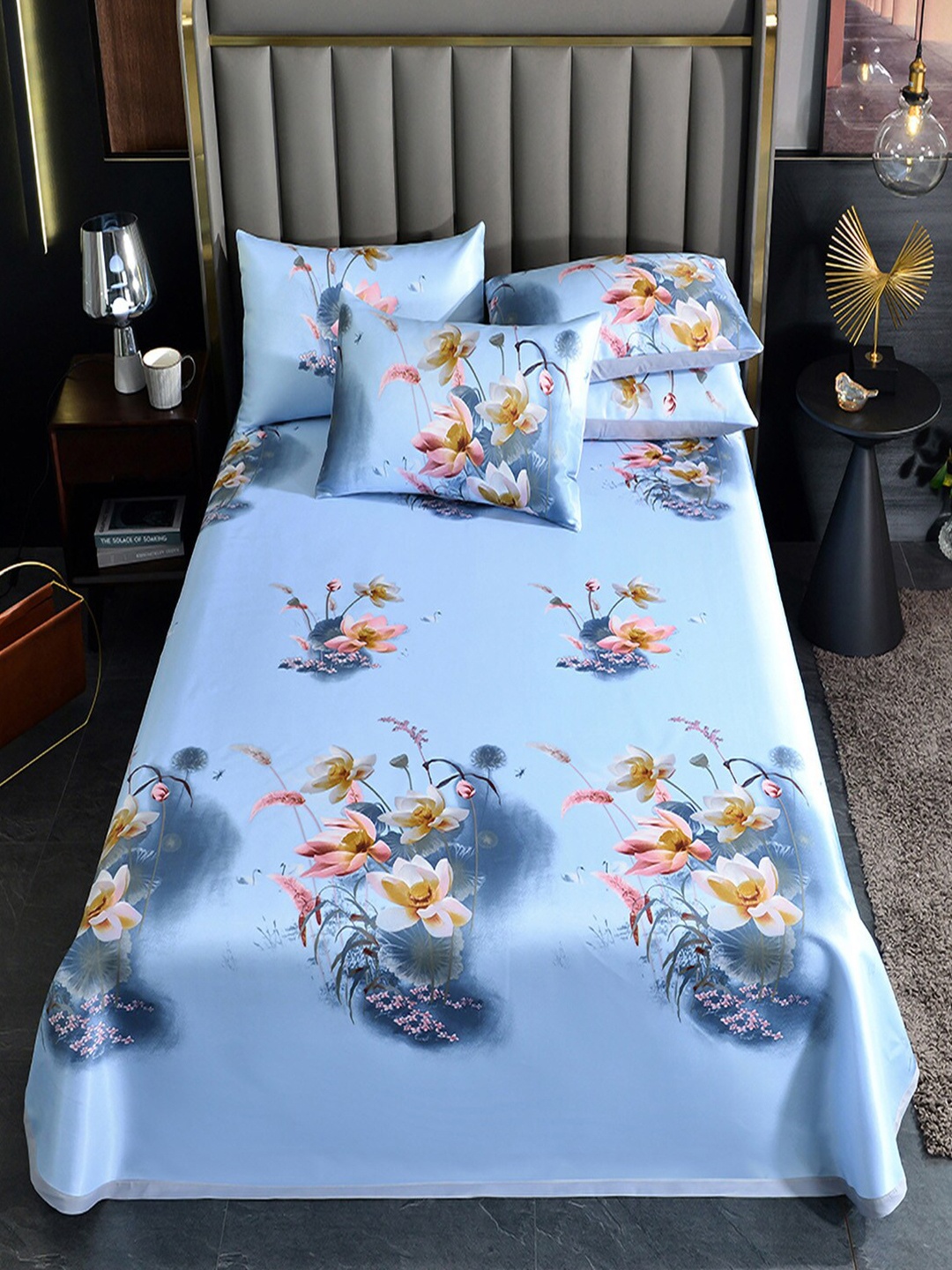

JC Collection Blue & Yellow Floral Printed 150 TC King Bedsheet & 2 Pillow Covers