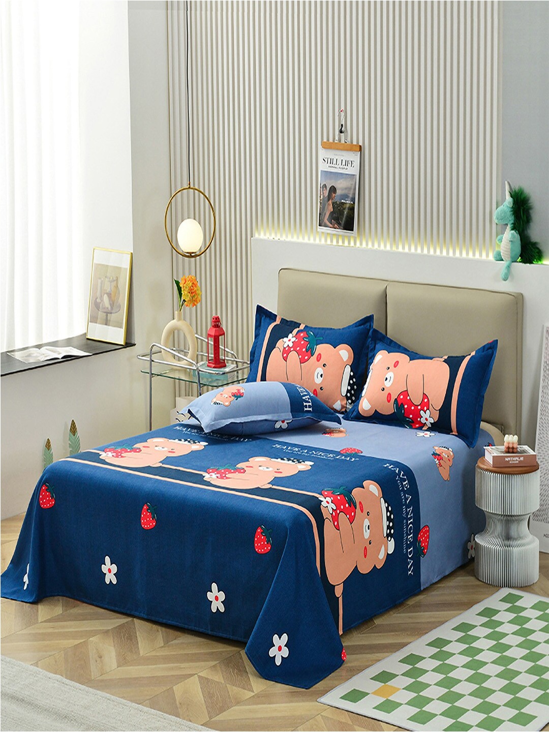 

JC HOME Blue & Peach-Coloured Printed 140 TC Single Bedsheet & Pillow Cover