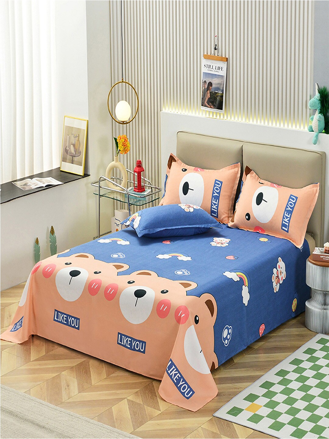 

JC Collection Blue & Beige Printed 140 TC Queen Bedsheet & 2 Pillow Covers