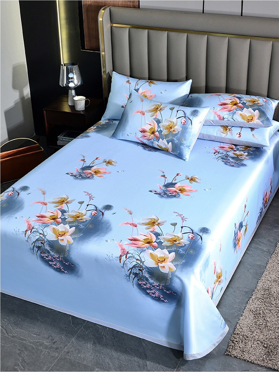 

JC Collection Blue & Pink Floral 150 TC Queen Bedsheet With 2 Pillow Covers