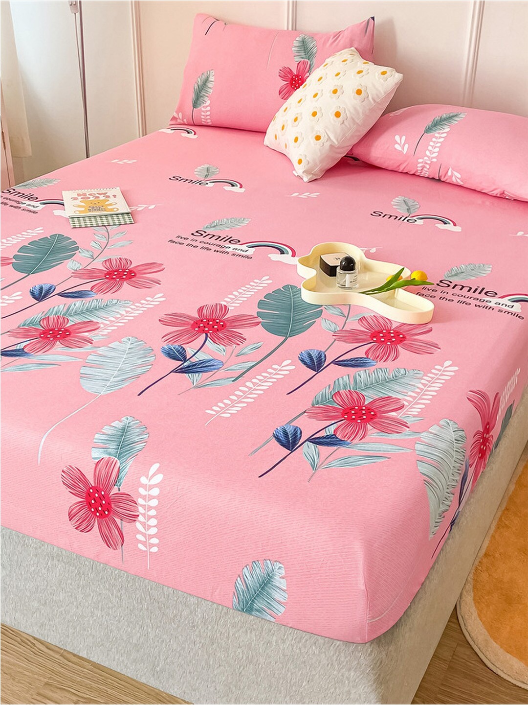 

JC Collection Pink & Green Floral 150 TC King Bedsheet With 2 Pillow Covers