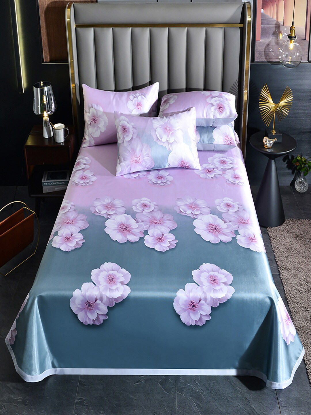 

JC HOME Purple & Blue Floral Printed 150 TC Queen Bedsheet with 2 Pillow Covers