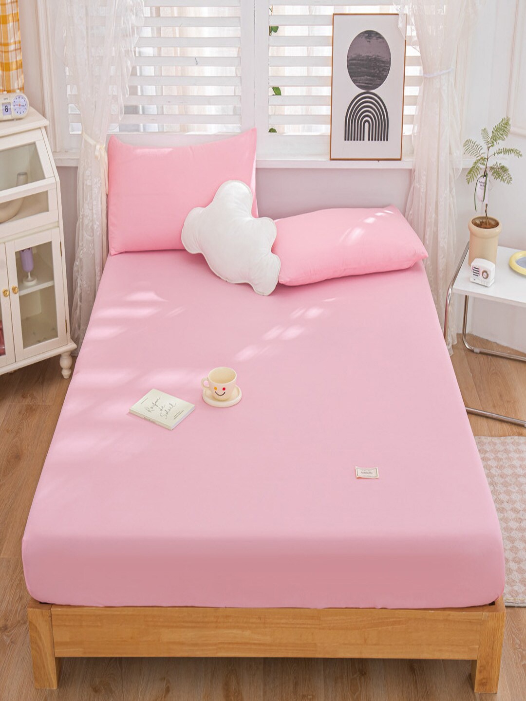 

JC HOME Pink Fitted 150 TC King Bedsheet With 2 Pillow Covers