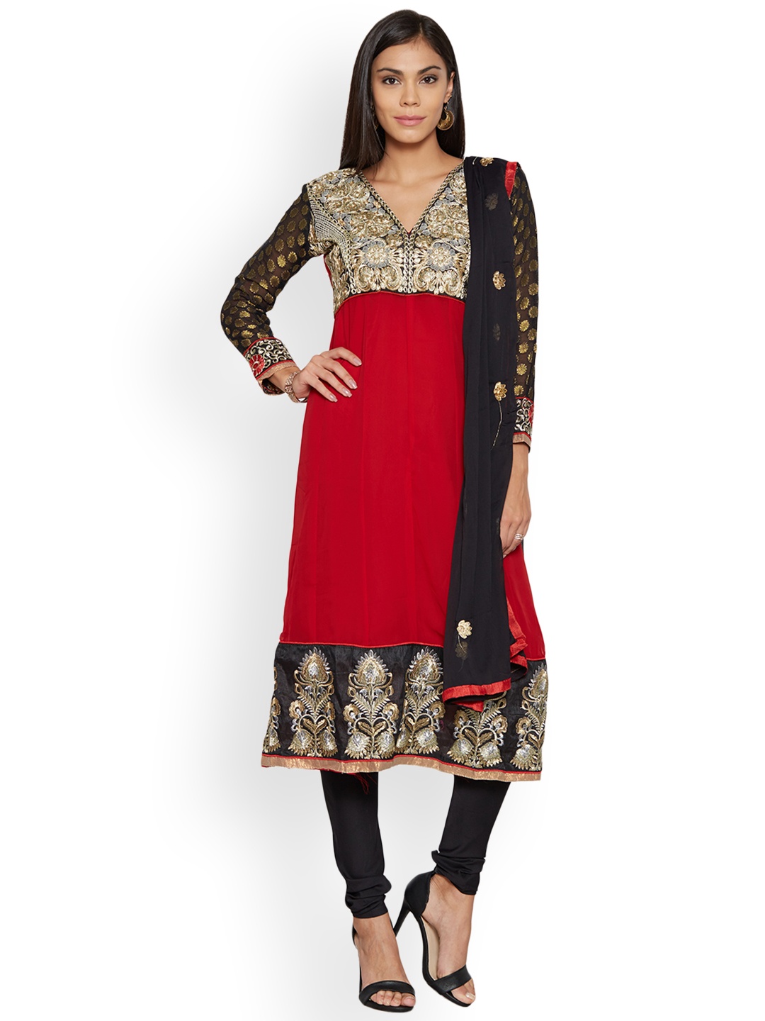 

Florence Red & Black Poly Georgette Unstitched Dress Material