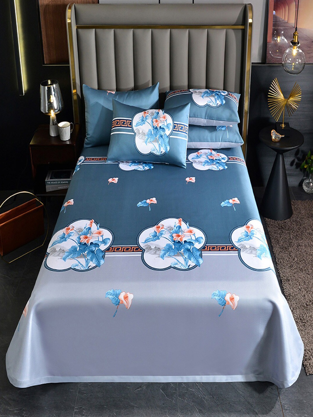 

JC Collection Blue & Grey Floral 150 TC Queen Bedsheet With 2 Pillow Covers
