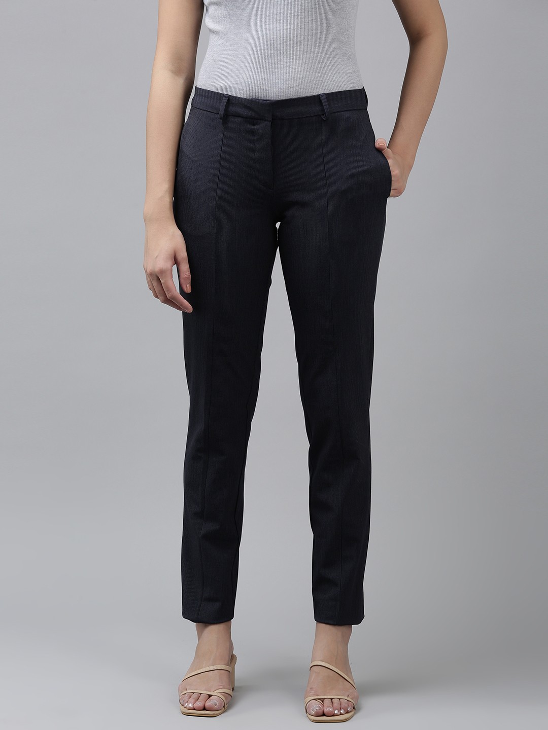 

Van Heusen Woman Striped Regular Trousers, Navy blue