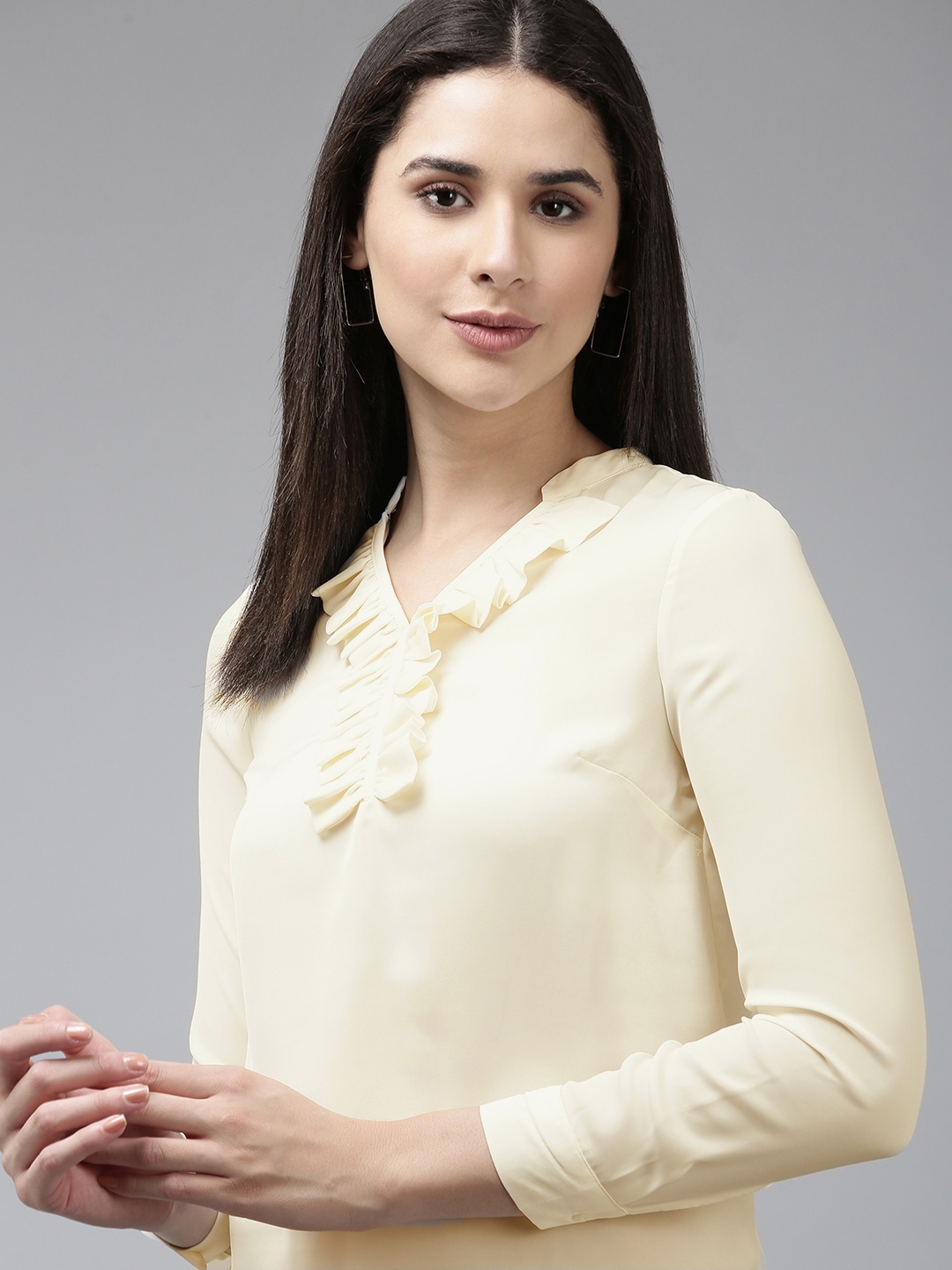 

Van Heusen Woman Solid V-Neck Ruffled Top, Off white
