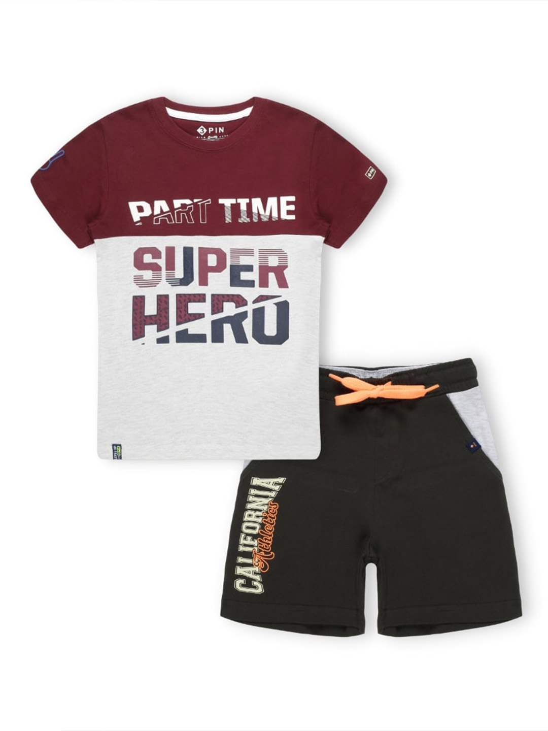 

3PIN Boys Typography Printed Pure Cotton T-shirt with Shorts, Maroon