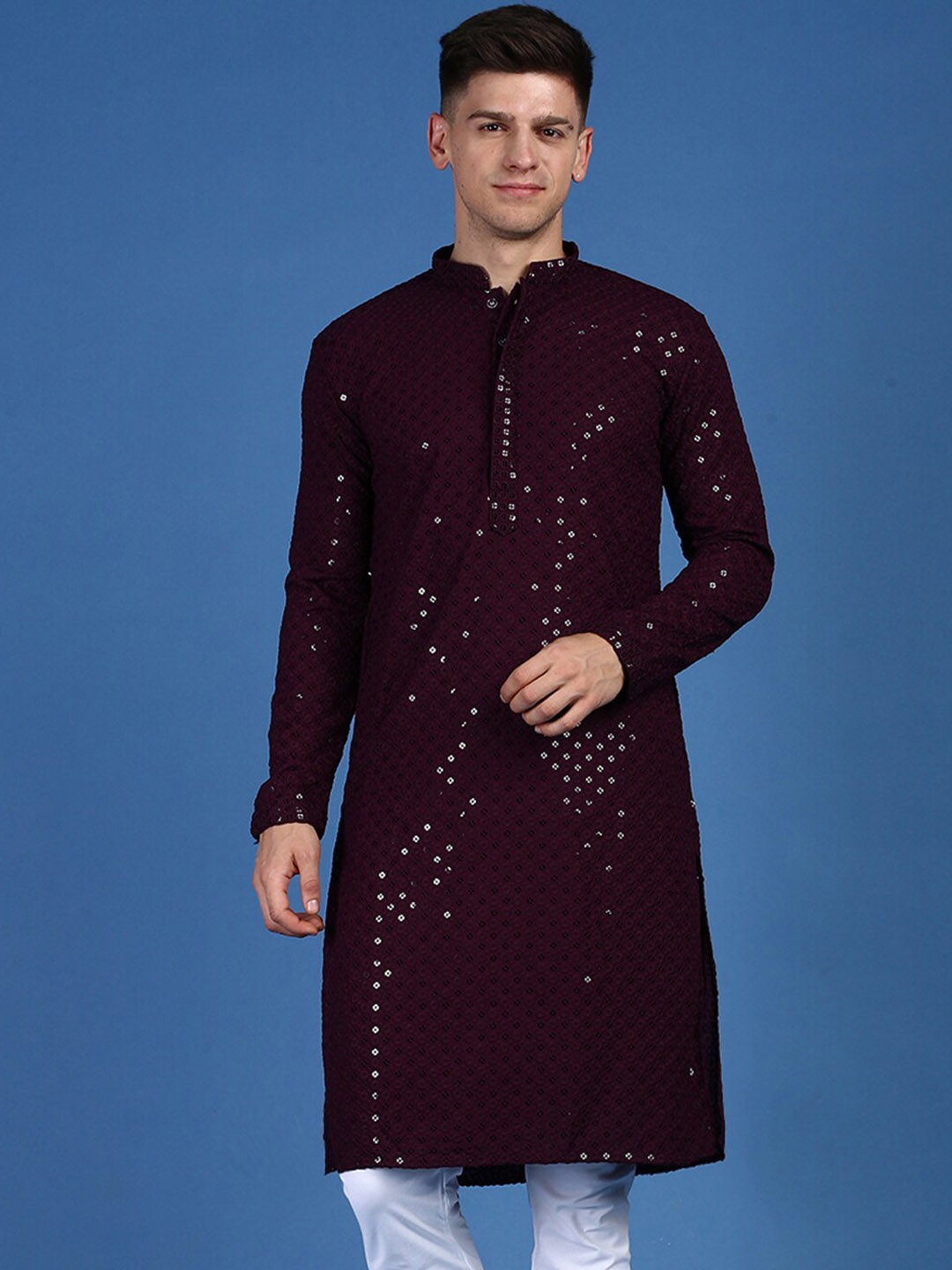 

Sanwara Floral Sequins Embroidered Chikankari Cotton Kurta, Purple