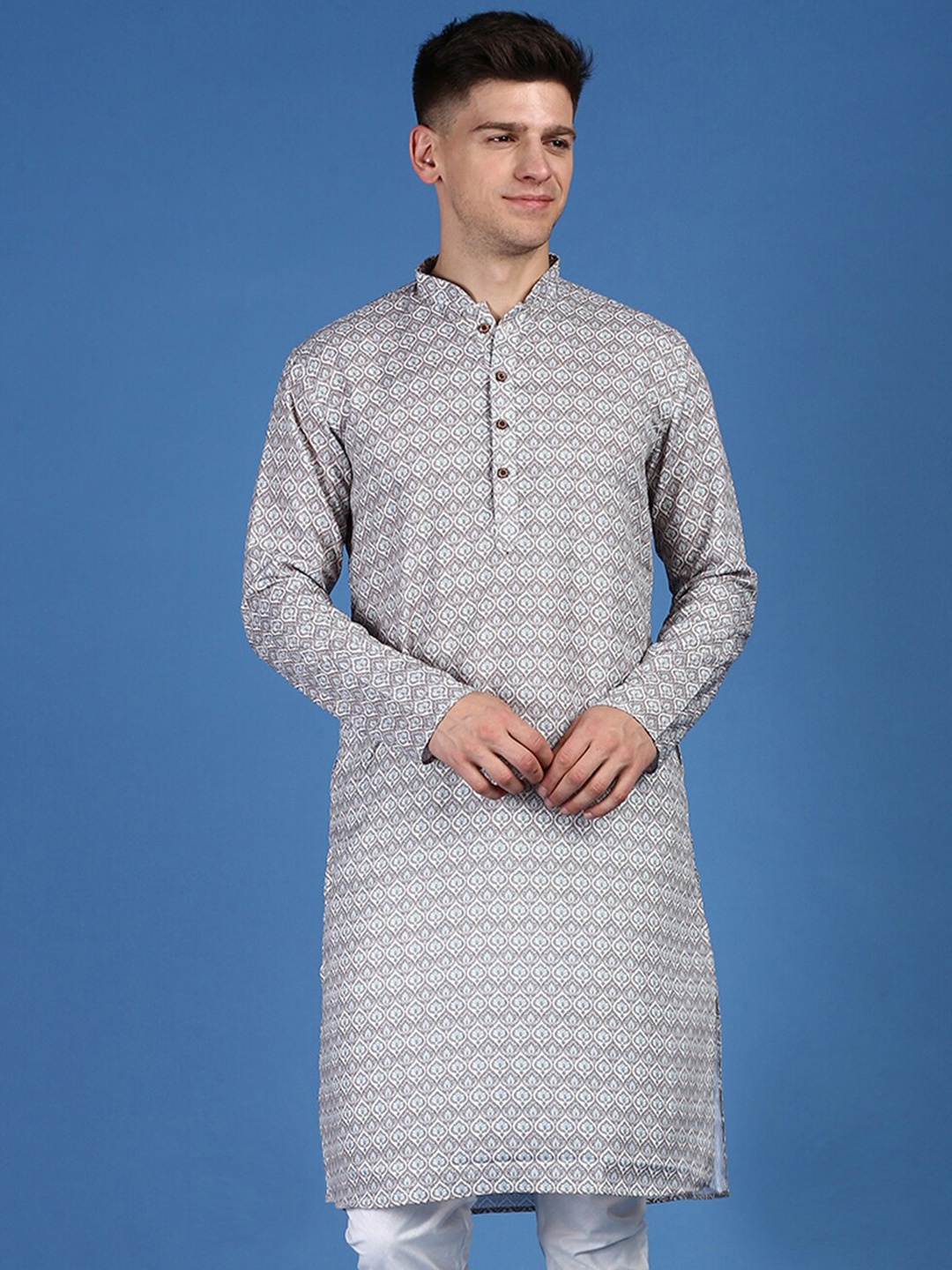

Sanwara Printed Mandarin Collar Cotton Kurta, Grey