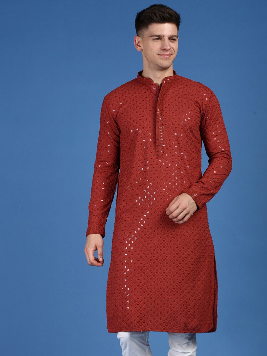 

Sanwara Floral Sequins Embroidered Chikankari Cotton Kurta, Rust