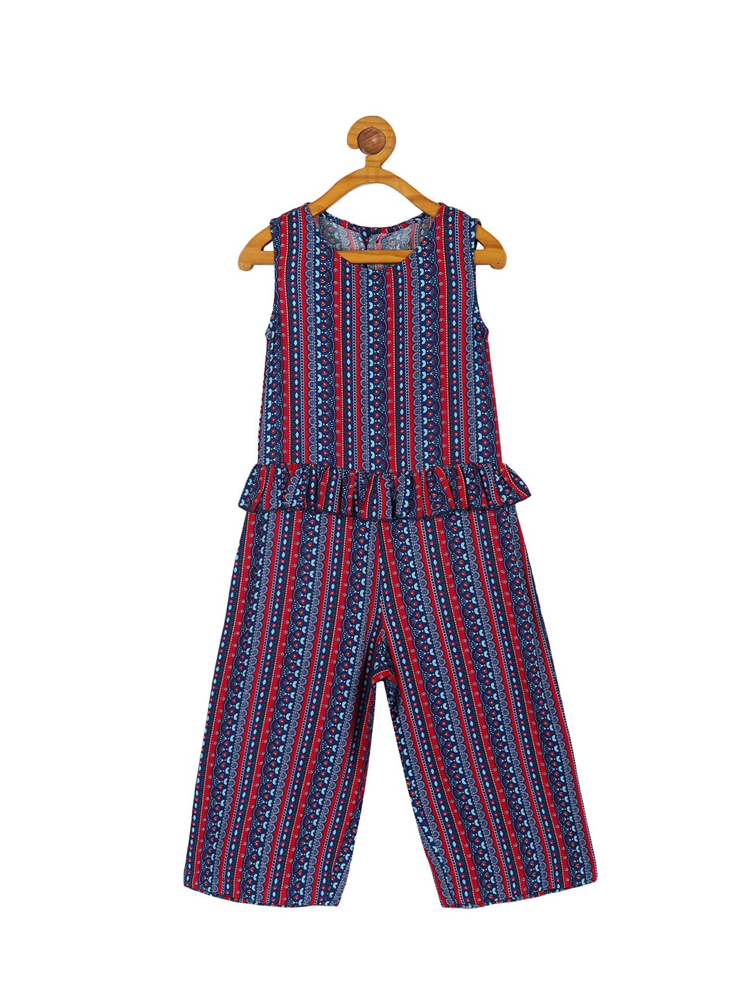 

PLUM TREE Girls Printed Ruffles Detail Cotton Basic Jumpsuit, Navy blue