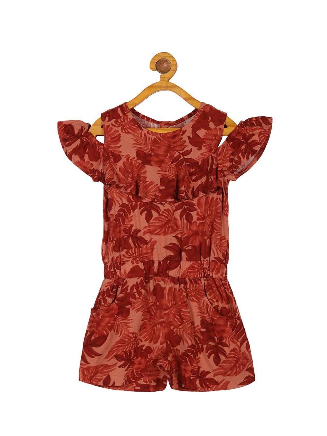 

PLUM TREE Girls Printed Ruffles Cold Shoulder Sleeves Cotton Playsuit, Orange