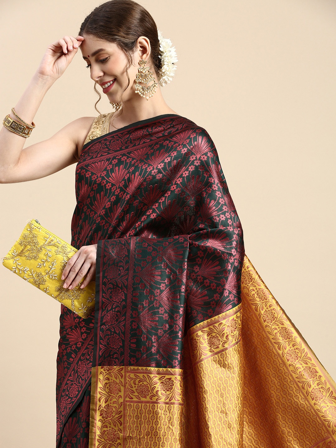 

Pothys Woven Design Floral Zari Jute Silk Saree, Green