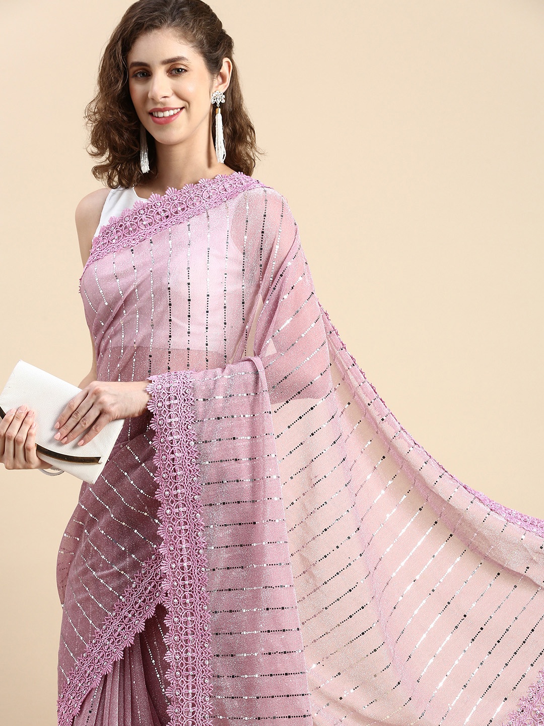 

Pothys Striped Stones-Studded Pure Georgette Saree, Mauve